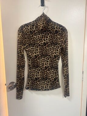 Leopard Print Turtleneck Long Sleeve Top - Brown Black